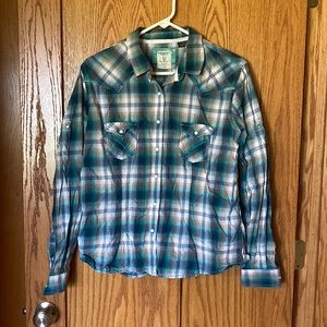Panhandle Rough Stock Women’s size Large western shirt- blue and tan in color.